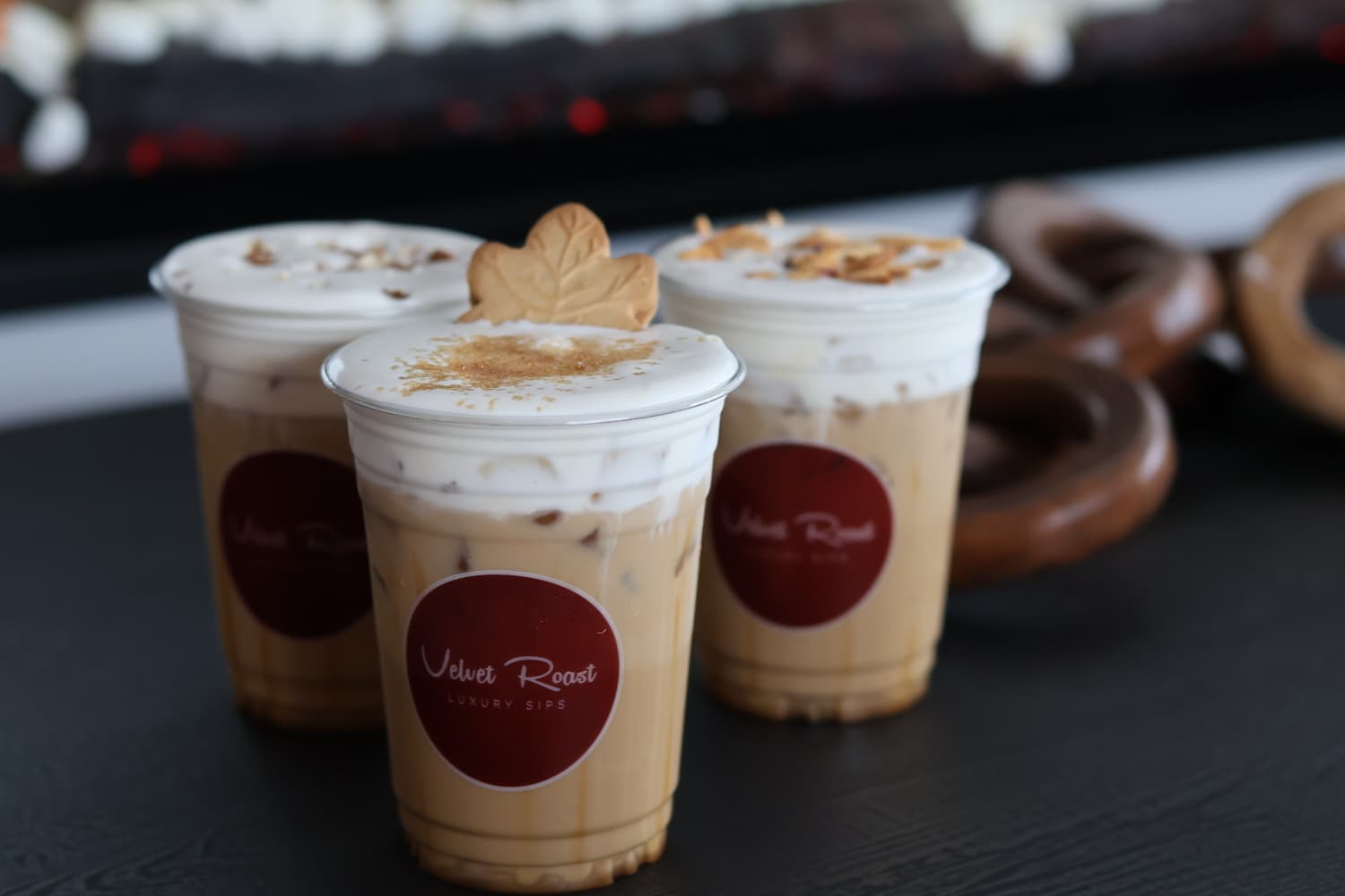 Velvet Roast fall drinks topped with seasonal garnishes