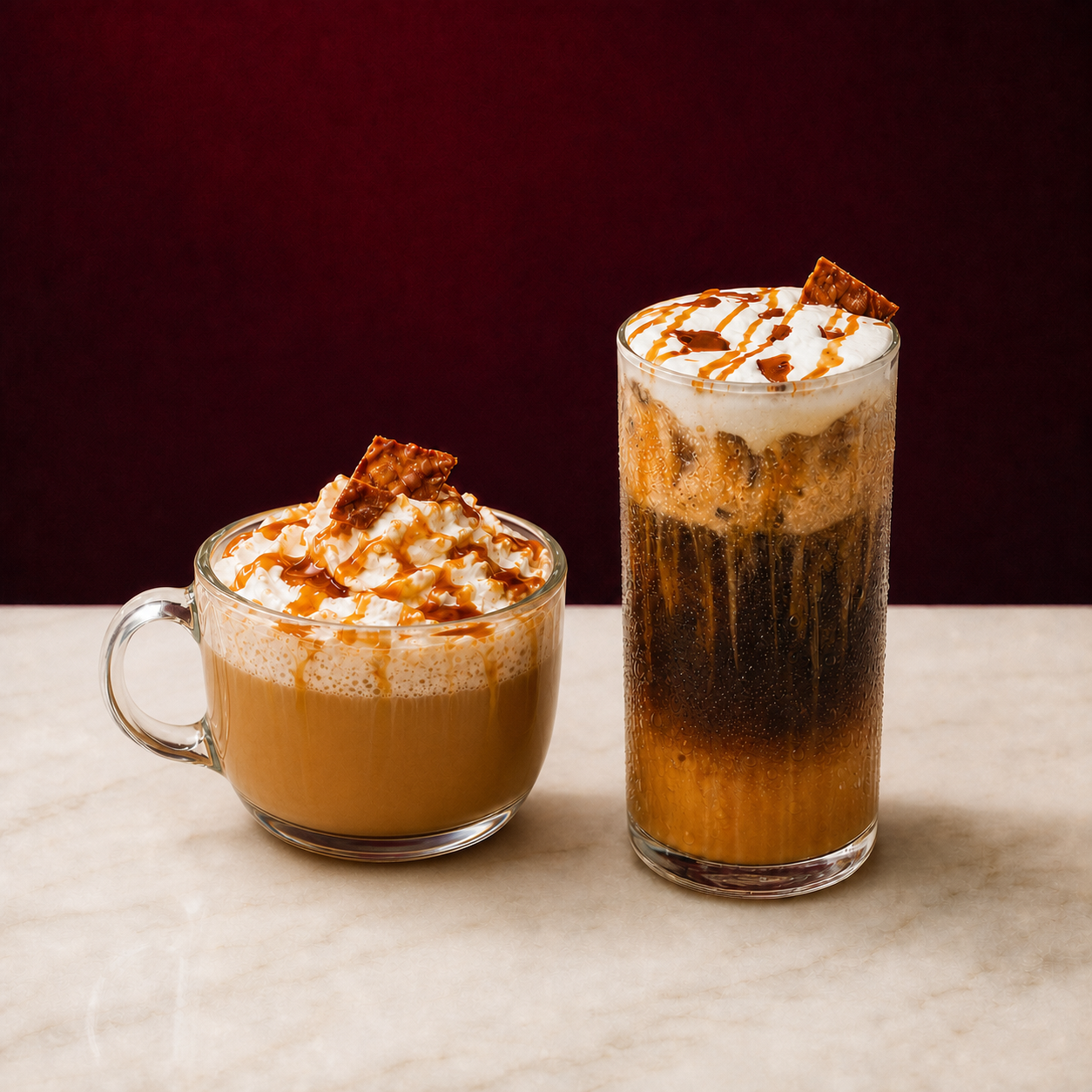 Hot and iced Caramel Brûlée drinks