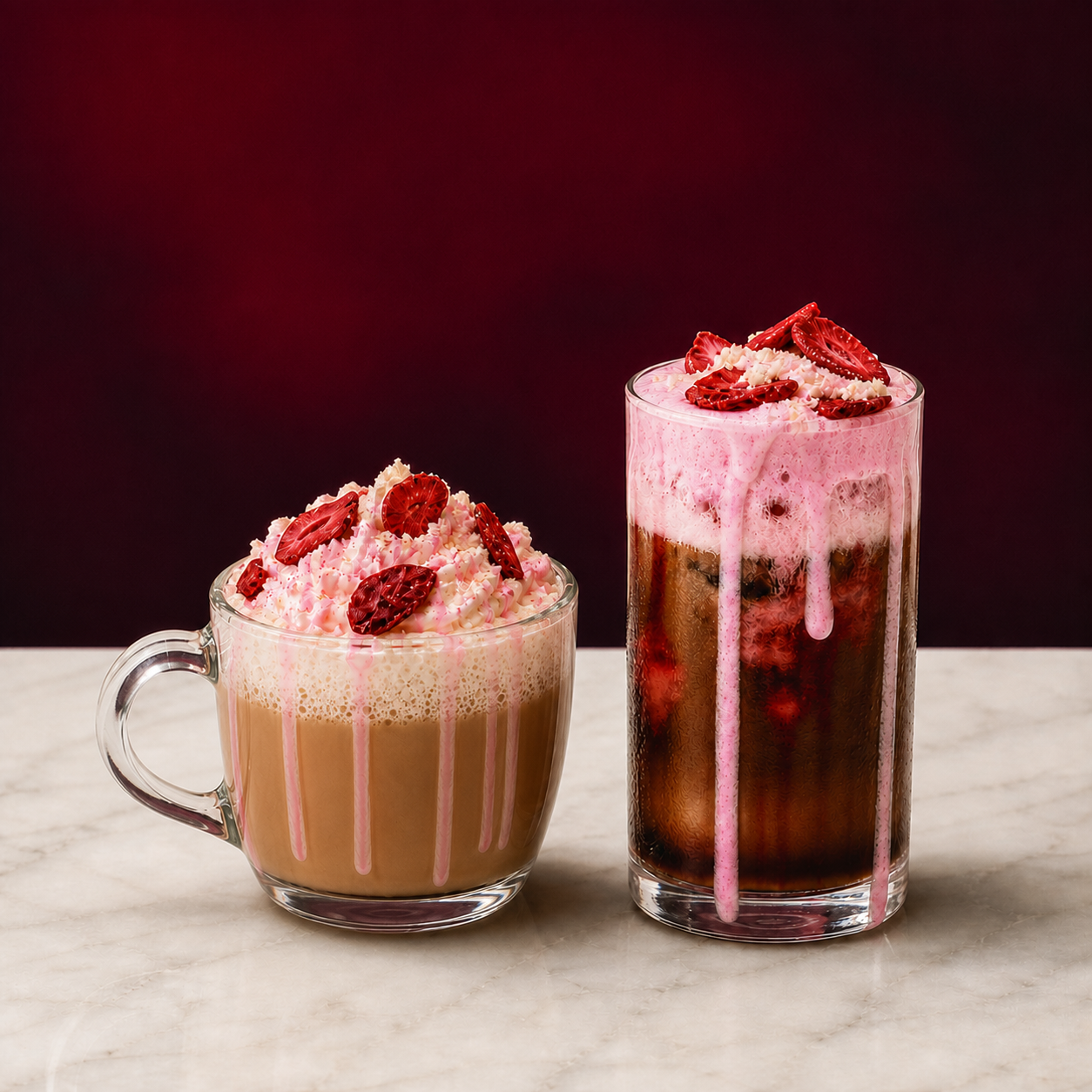 Hot and iced Strawberry Shortcake drinks