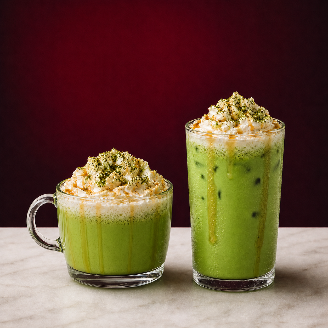 Hot and iced Vanilla Matcha Cloud drinks